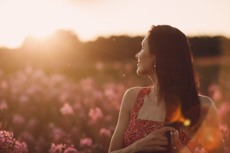 Girl on blooming Sally flower field at sunset. Lilac flowers and woman